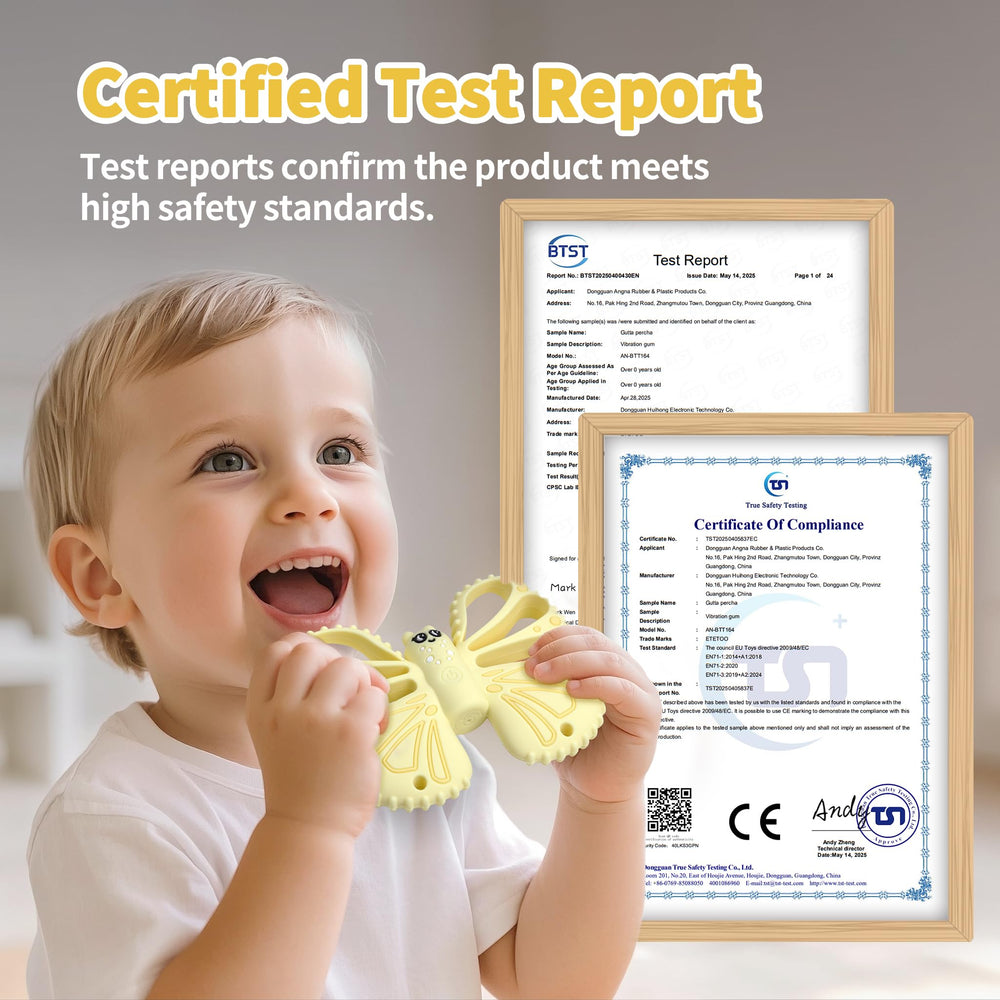 ETETOO vibrating teether yellow in hand demonstrates portable sensory support for on-the-go use