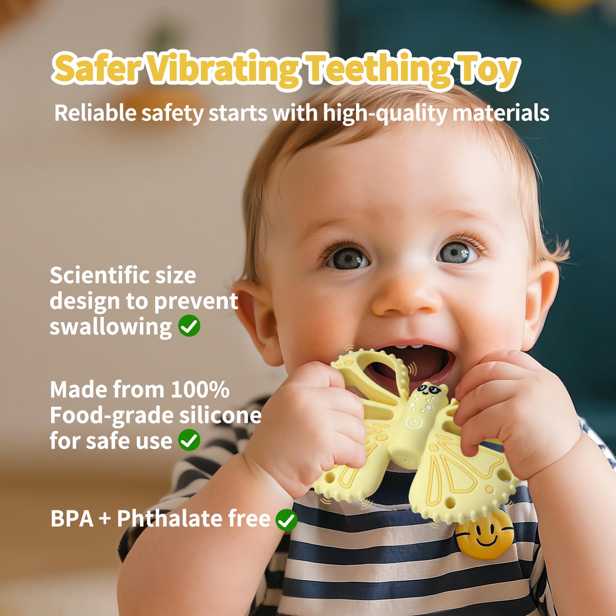 ETETOO vibrating teether yellow on-the-go scene suggests versatile sensory relief anywhere