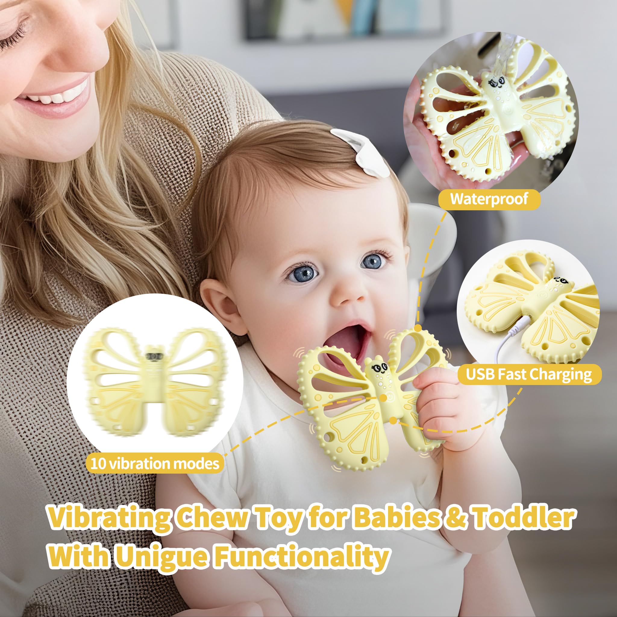 ETETOO vibrating teether yellow USB charging image highlights convenient power for extended play