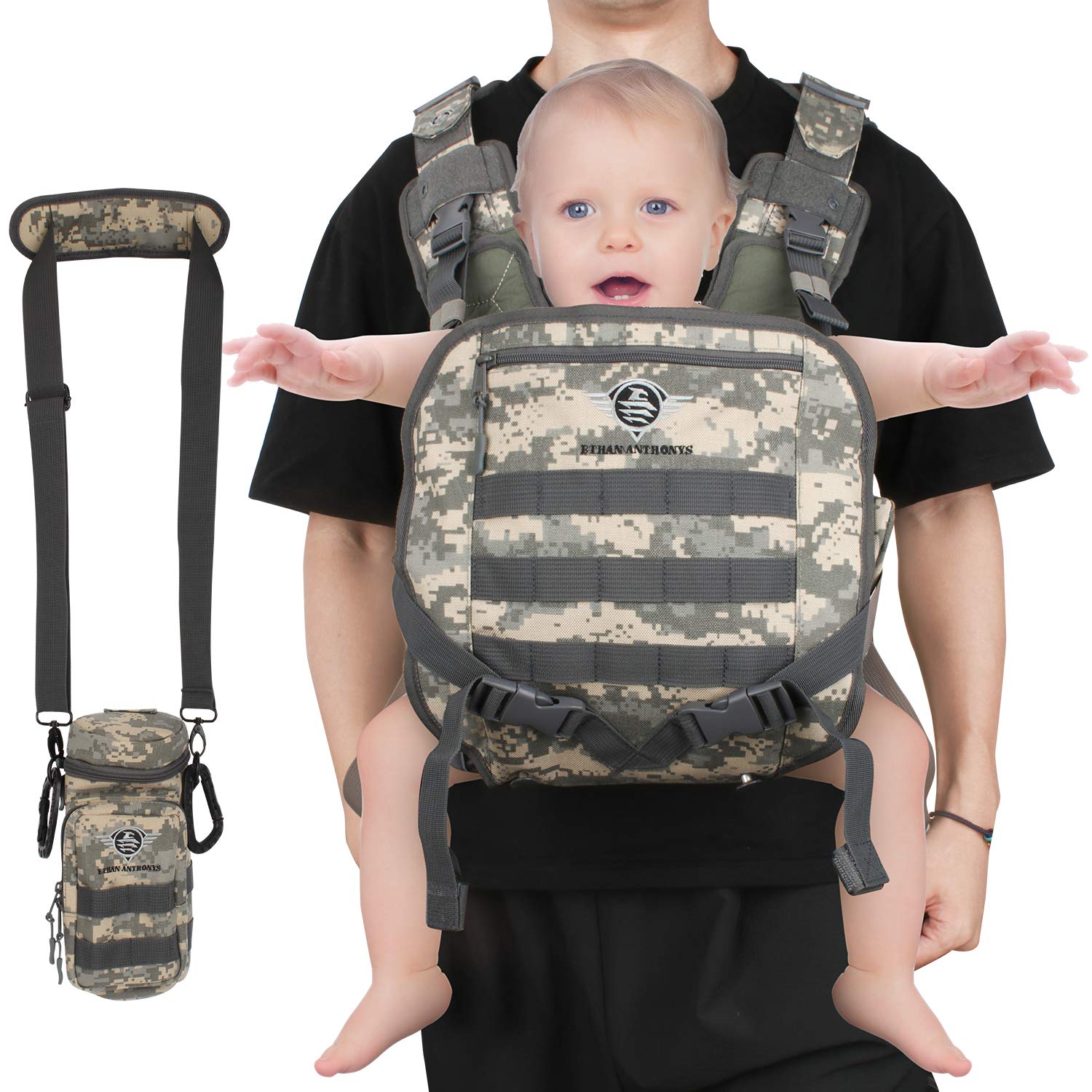 ETHAN ANTHONYS Military Inspire baby carrier front view demonstrates ergonomic support for growing infants.