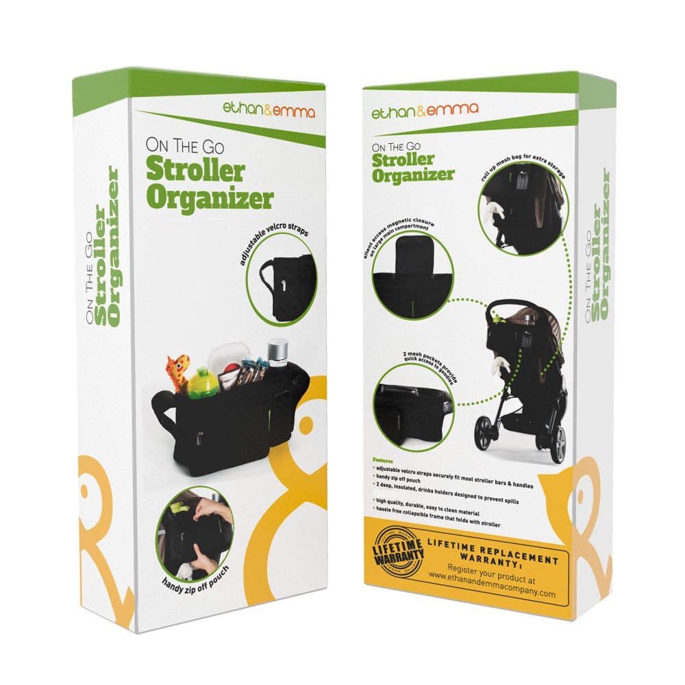 Ethan & Emma organizer mounted on stroller for hands-free parenting