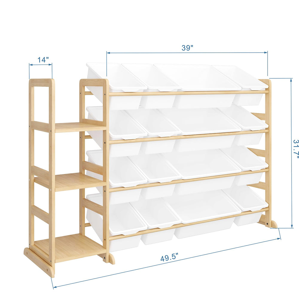 Etitlly toy storage 16-cell bins and shelves organize books and toys efficiently.