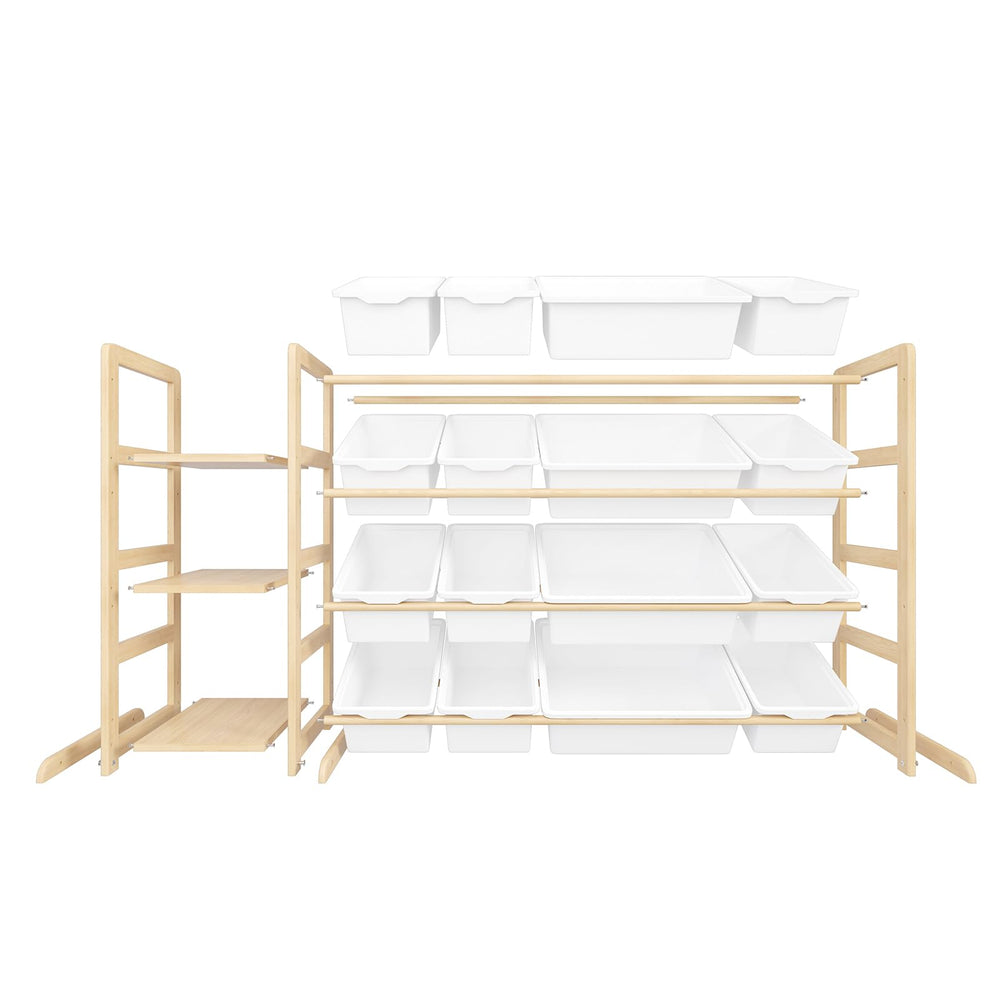 Etitlly toy storage 3-shelves side view demonstrates accessible display space.