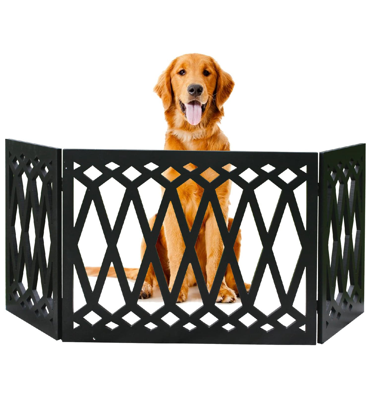 Etna 3-panel diamond design wood pet gate blocks doorway with stylish indoor-outdoor appeal