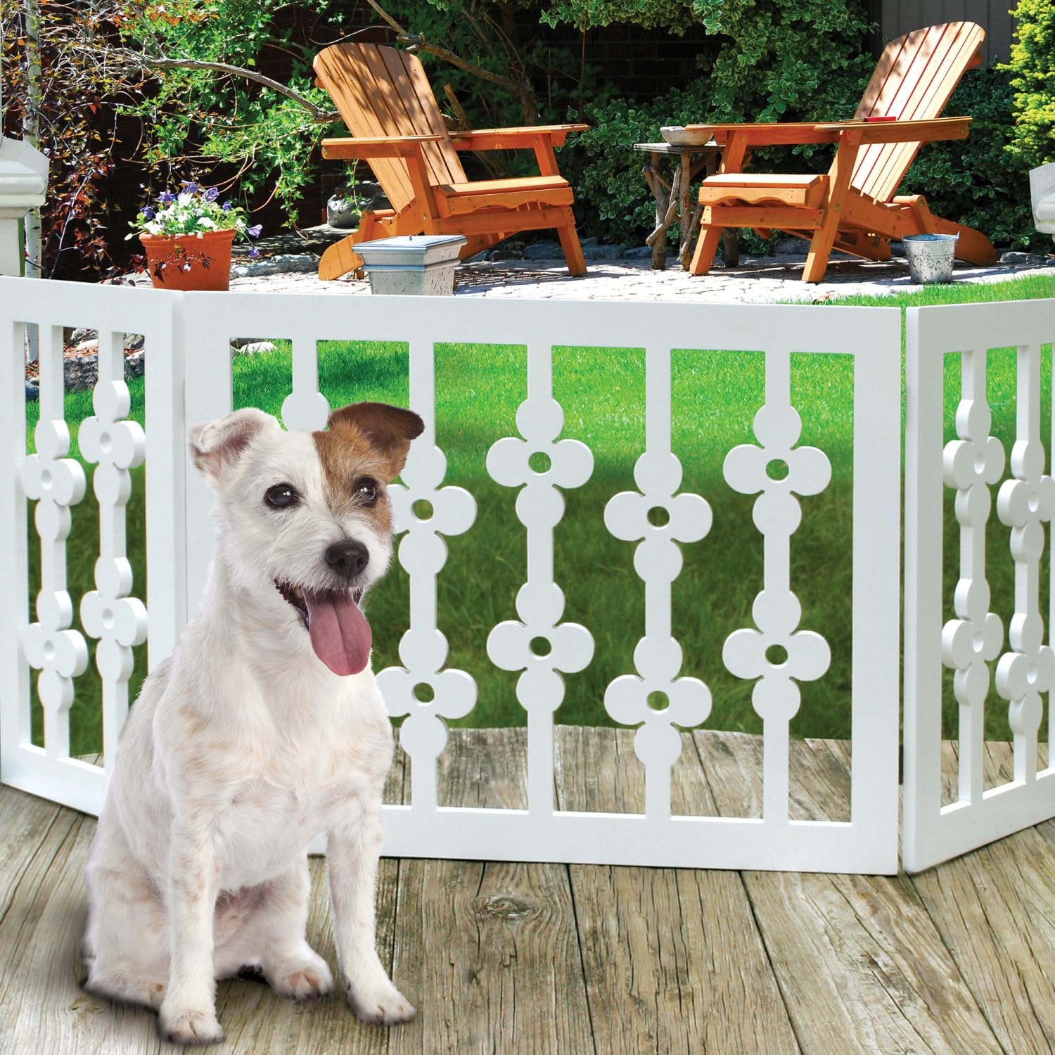 Etna White Floral 3-section gate extended across wide openings for flexible pet control.