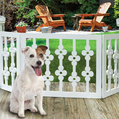 Etna White Floral 3-section gate extended across wide openings for flexible pet control.