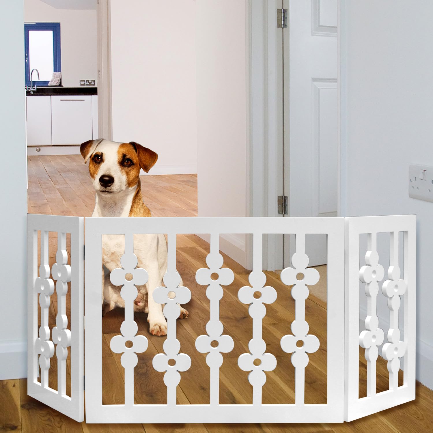 Etna White Floral Gate in doorway demonstrates freestanding no-drill setup.