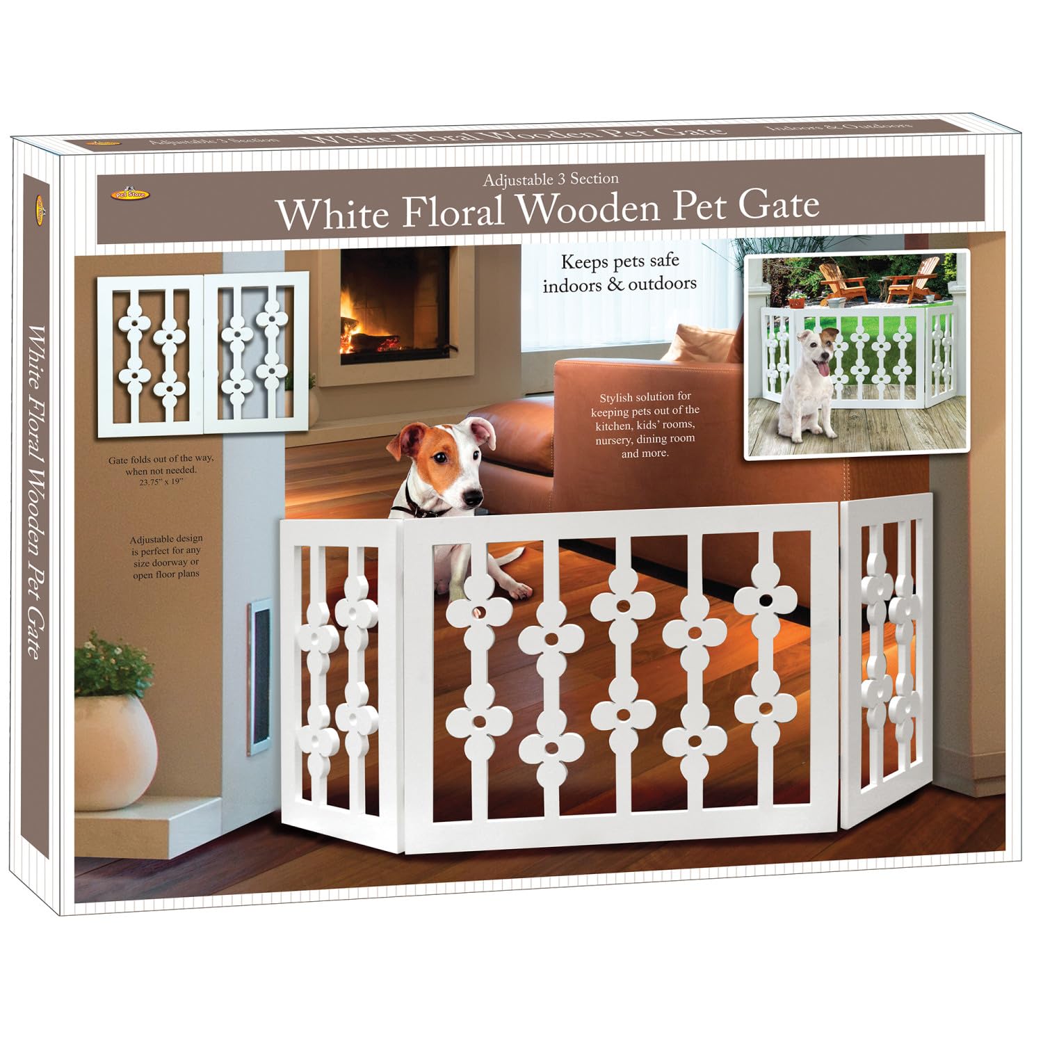 Etna White Floral Pet Gate is fully assembled and ready to block doorways.