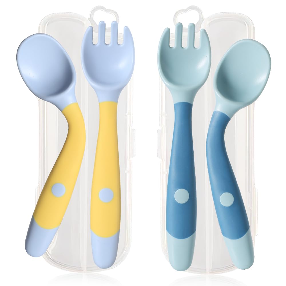 ETSSWYTO baby utensils bendable handles close-up for easier self-feeding.