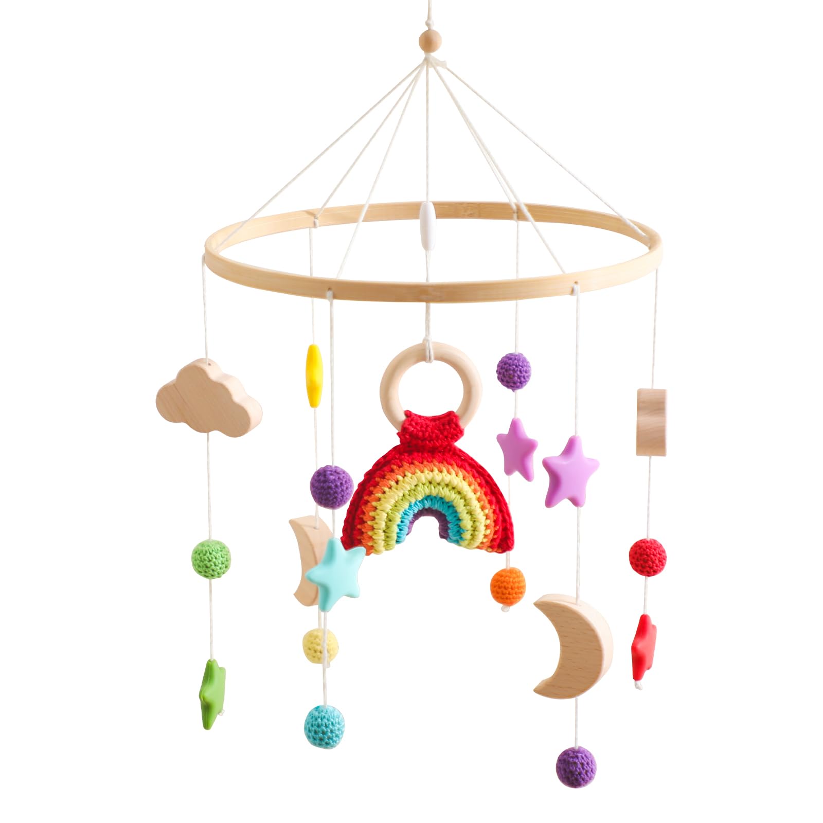 Etucdose crochet rainbow mobile on crib provides playful color and visual stimulation
