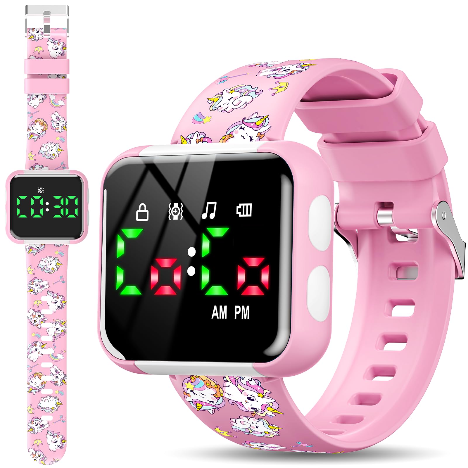 Etuwoe potty-training watch with unicorn-face design on wrist for fun reminders.