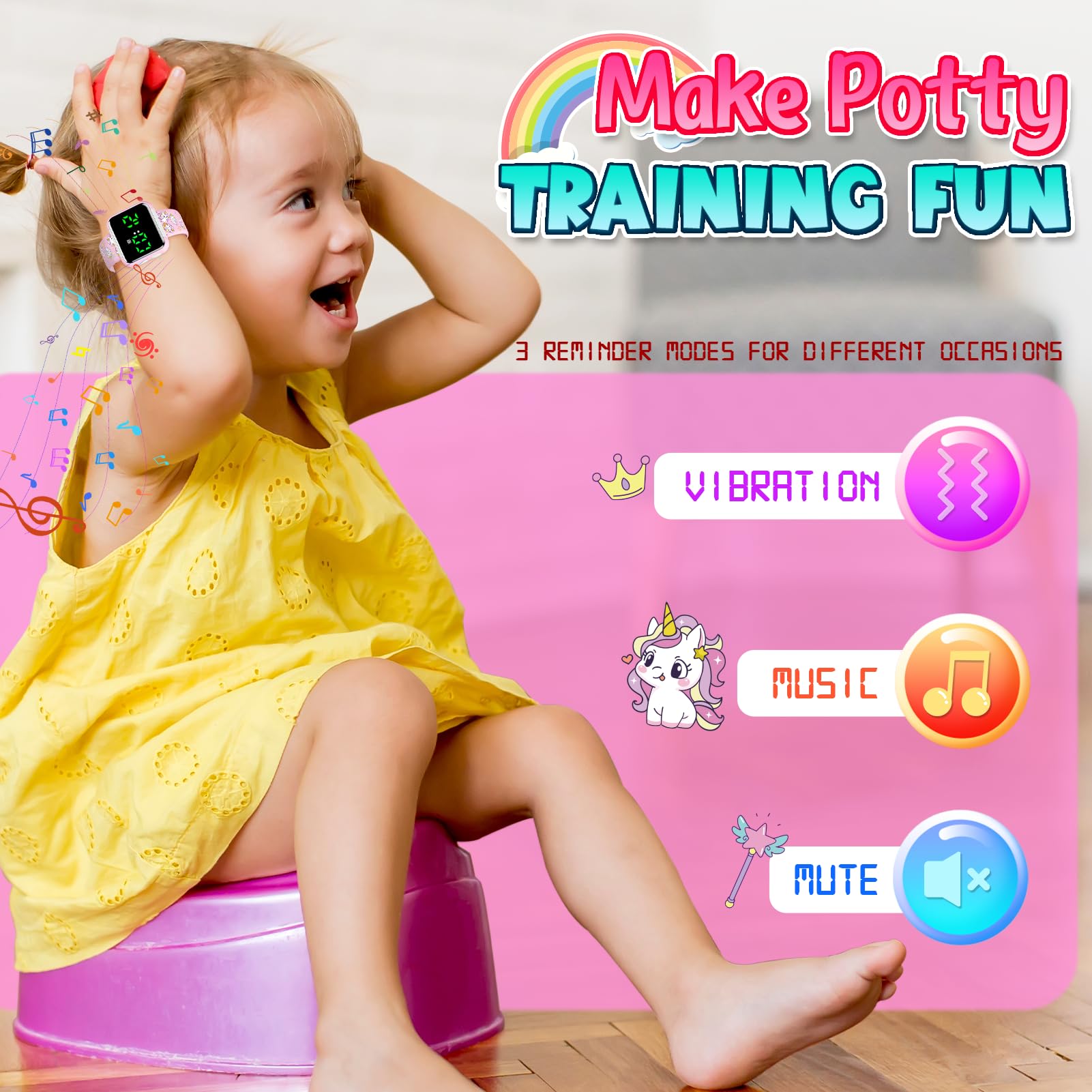 Etuwoe potty-training-watch wrist closeup showing easy controls for reminders.