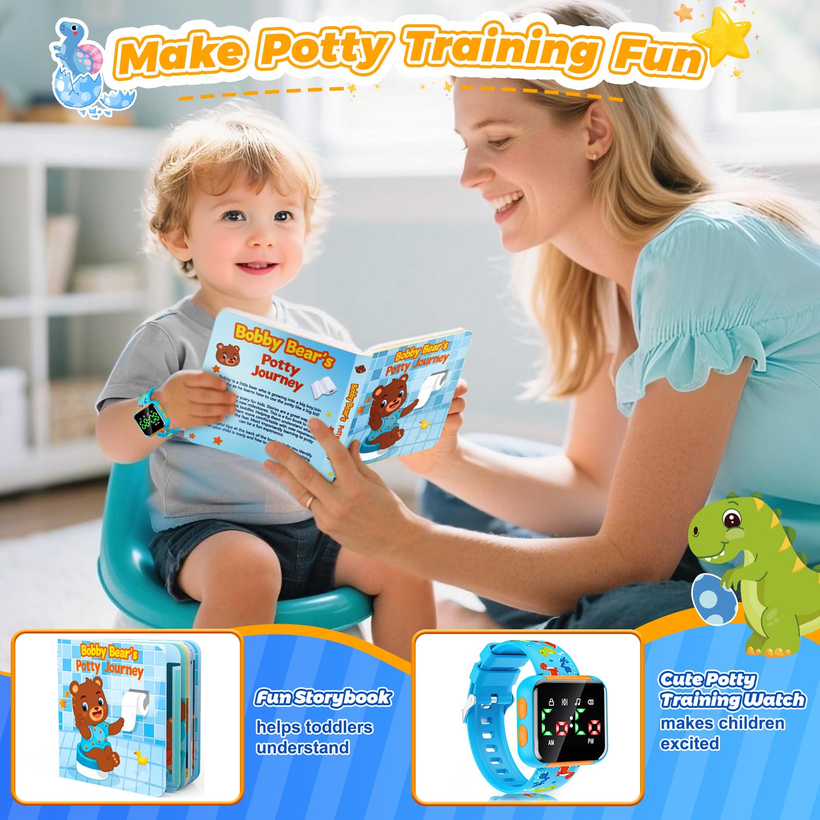 Etuwoe potty watch blue dinosaur side view shows durable toddler strap