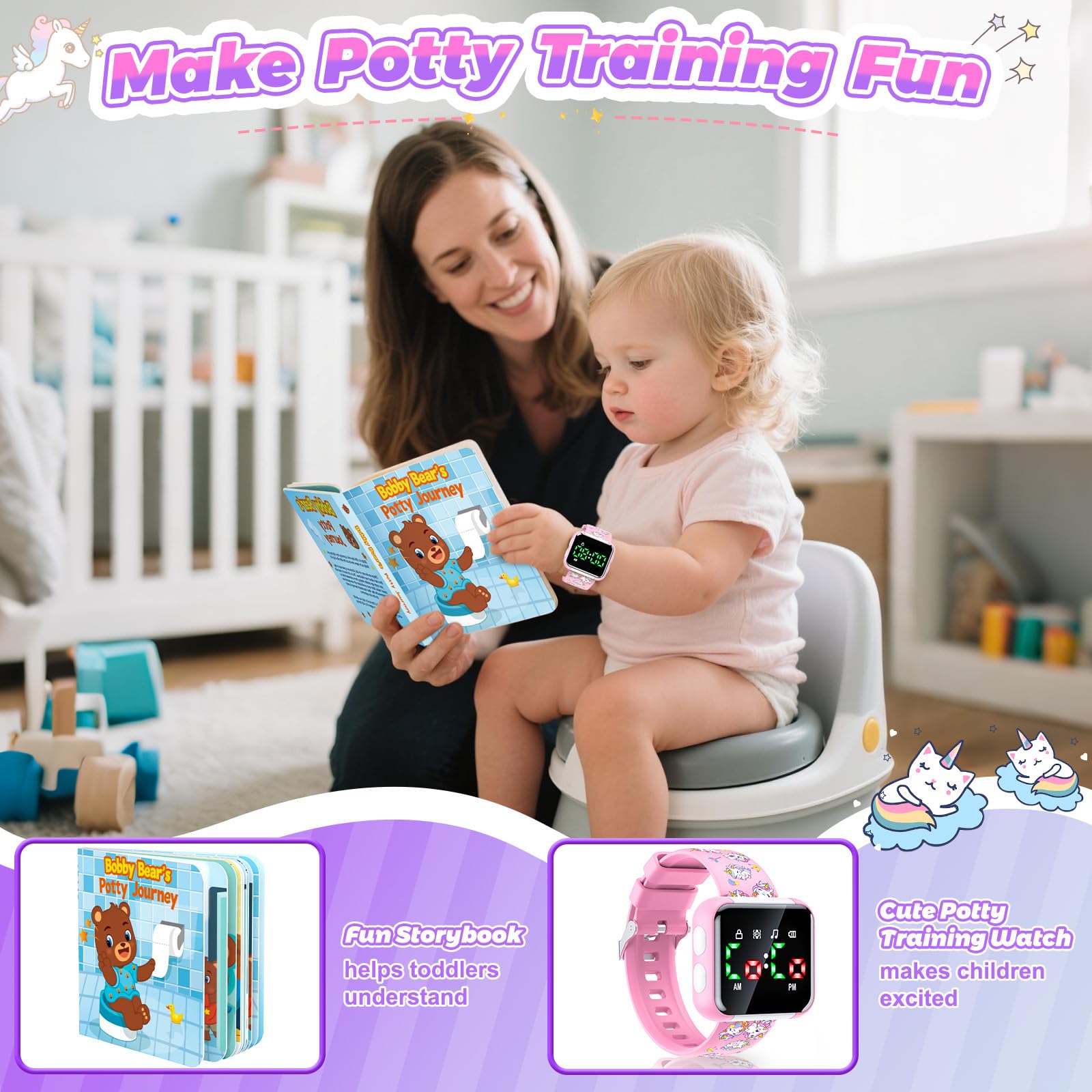 Etuwoe potty watch with board book open featuring vibrant illustrations to engage toddlers.