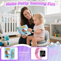 Etuwoe potty watch with board book open featuring vibrant illustrations to engage toddlers.