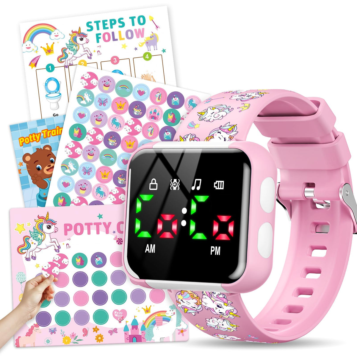 Etuwoe potty watch unicorn pink on wrist encourages timely bathroom breaks.