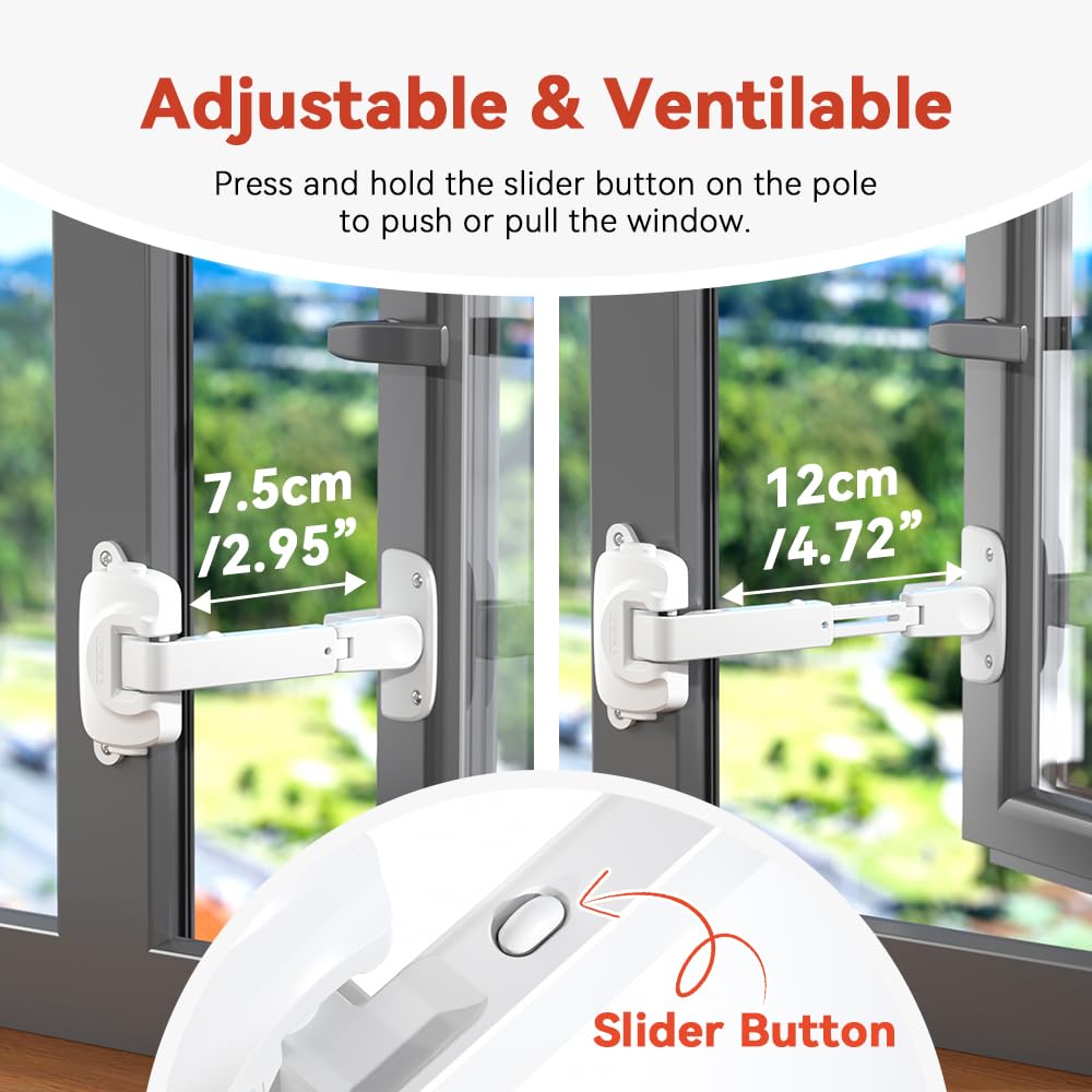 EUDEMON adjustable-length window lock showing two opening lengths for flexible fit.