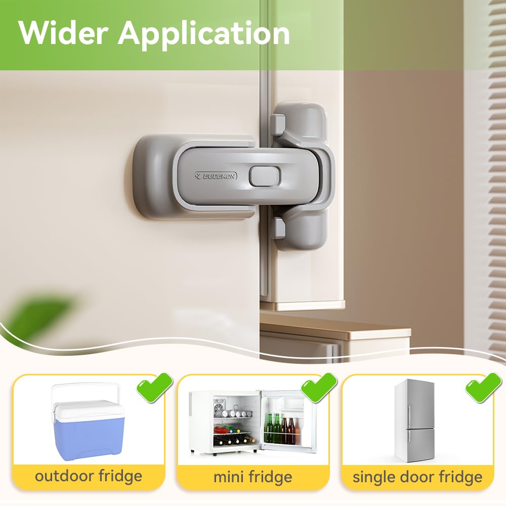 EUDEMON fridge lock adhesive installation tape close-up demonstrates tool-free setup.