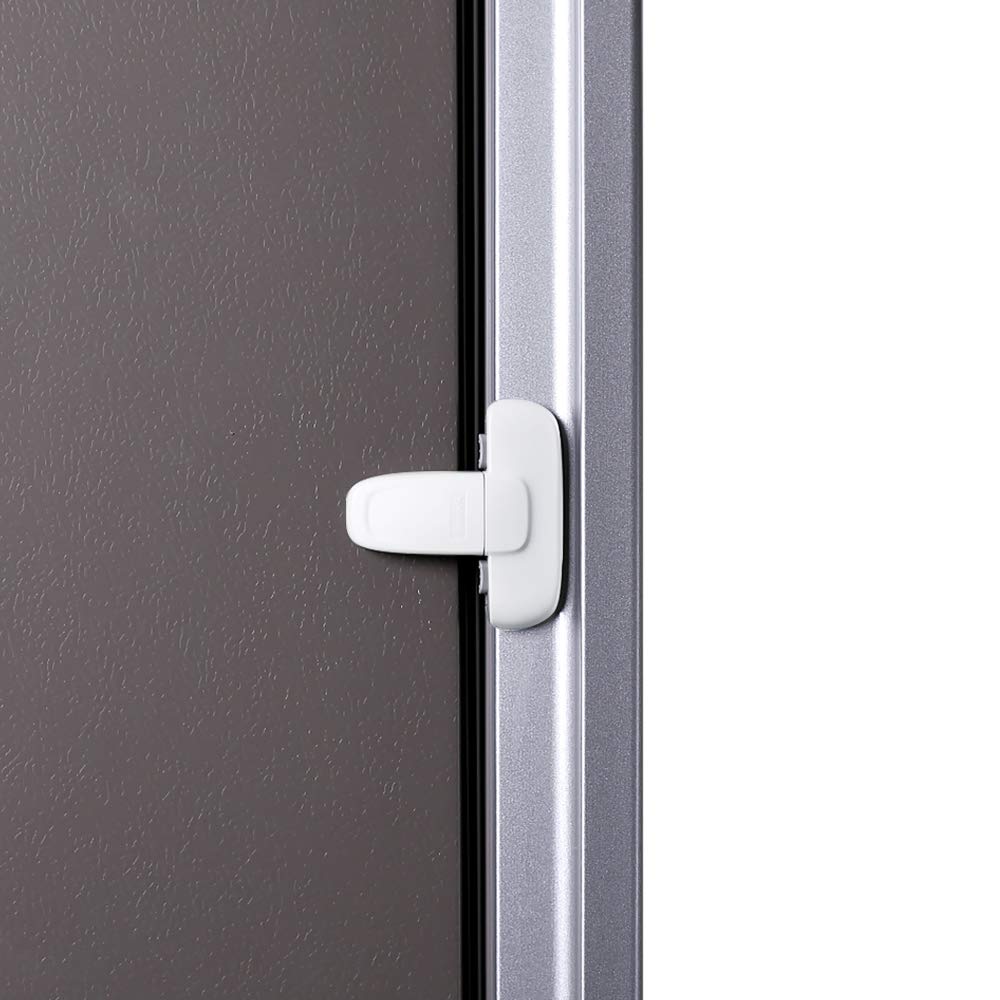EUDEMON fridge lock closeup shows dual-button safety for one-handed use