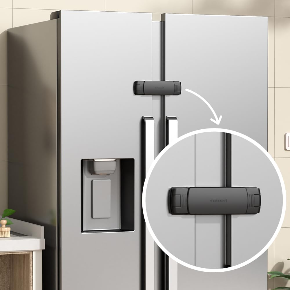 EUDEMON fridge lock closeup showing a secure latch for childproofing your kitchen