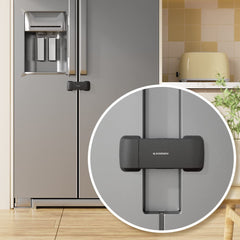 EUDEMON fridge lock detailed view showing tape-backed mechanism for kid safety