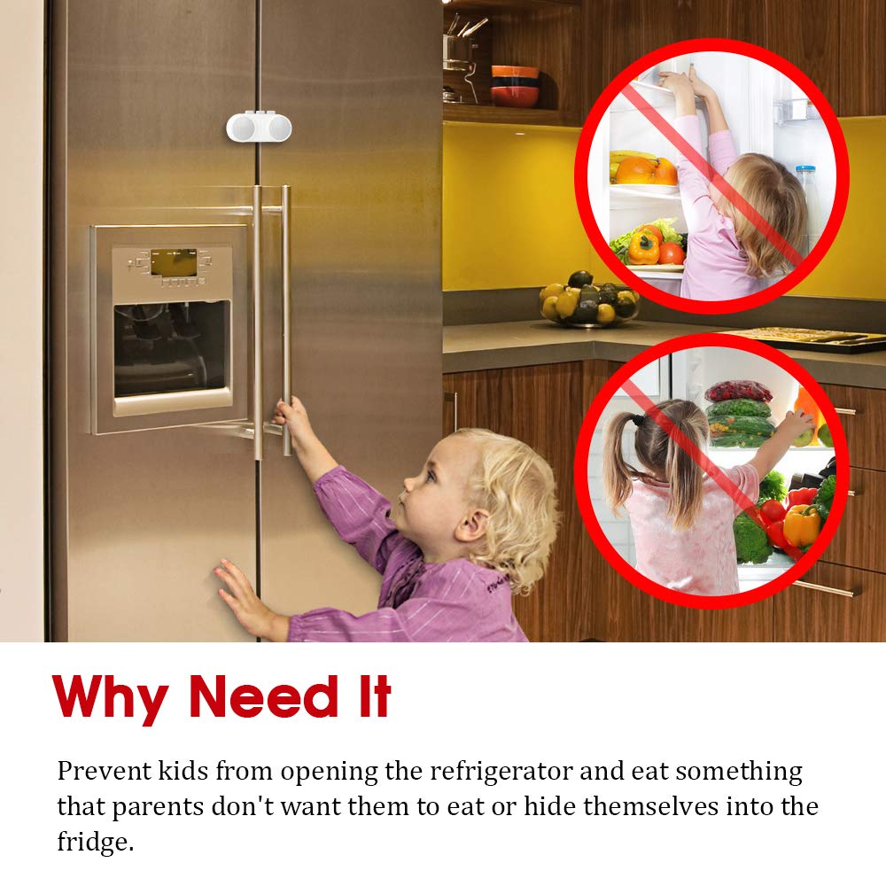 EUDEMON fridge lock disengagement method shows adult-friendly two-button action