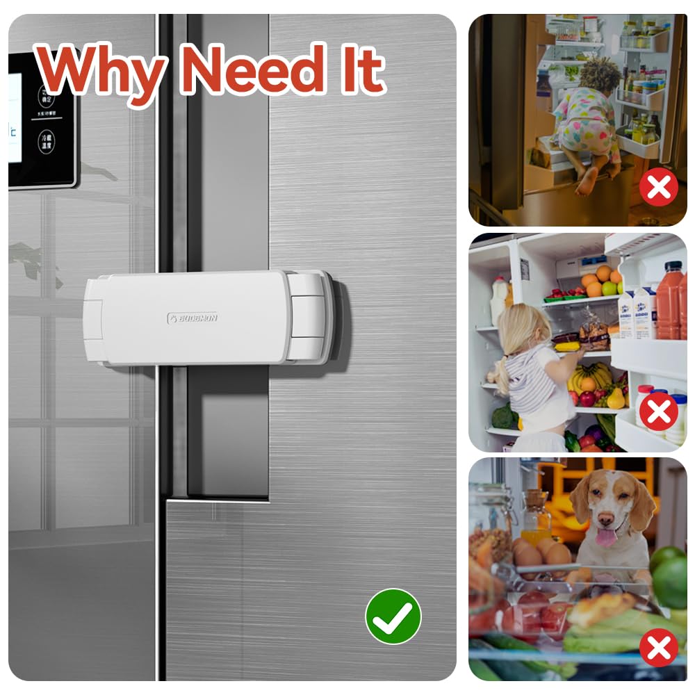 EUDEMON fridge lock install step shows quick, no-drill setup.