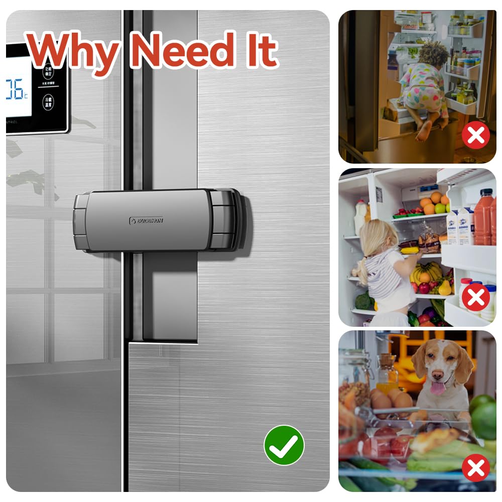 EUDEMON fridge lock installation steps illustrate no-drill setup with tape for easy use