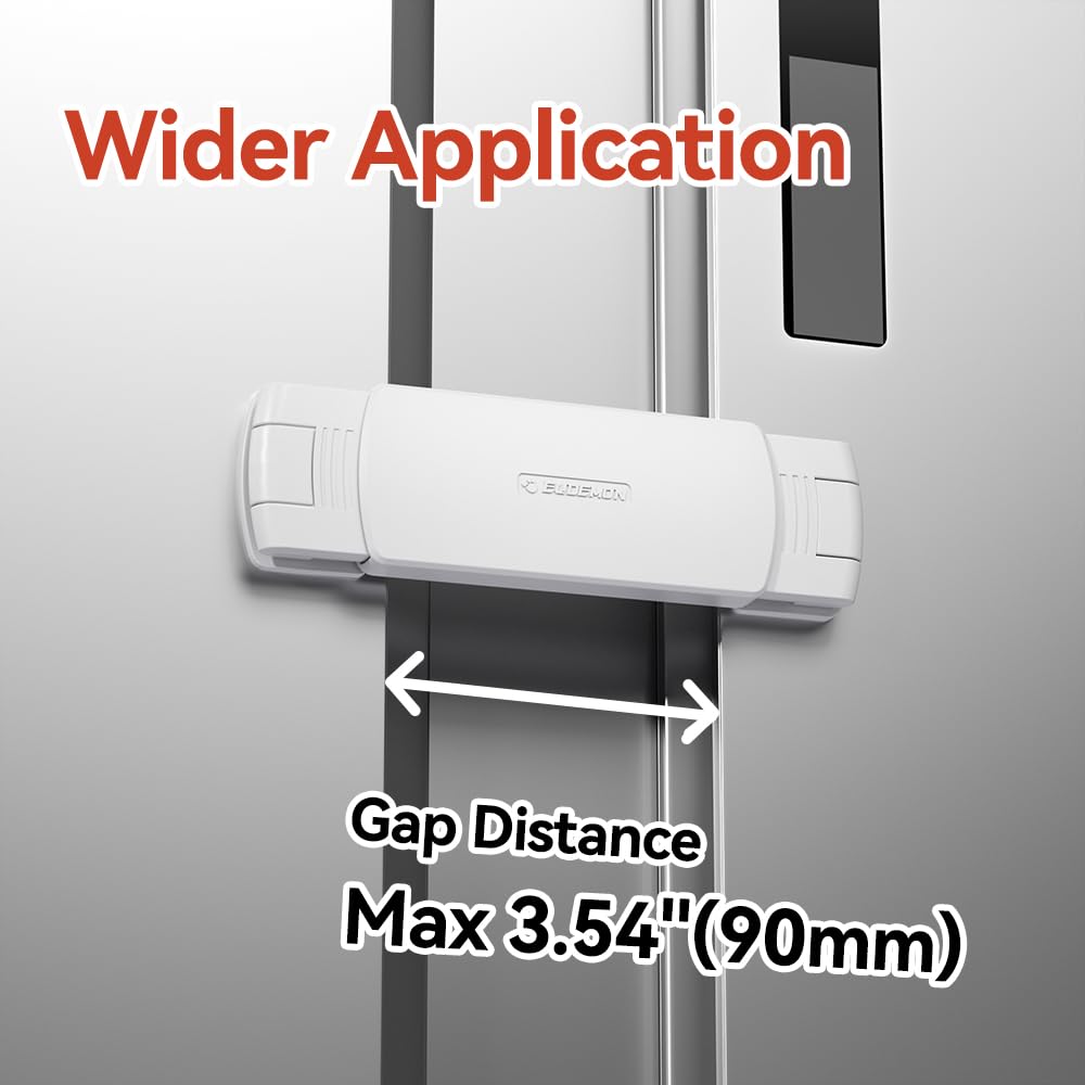 EUDEMON fridge lock without-tools installation demonstrates secure two-door gap fit.