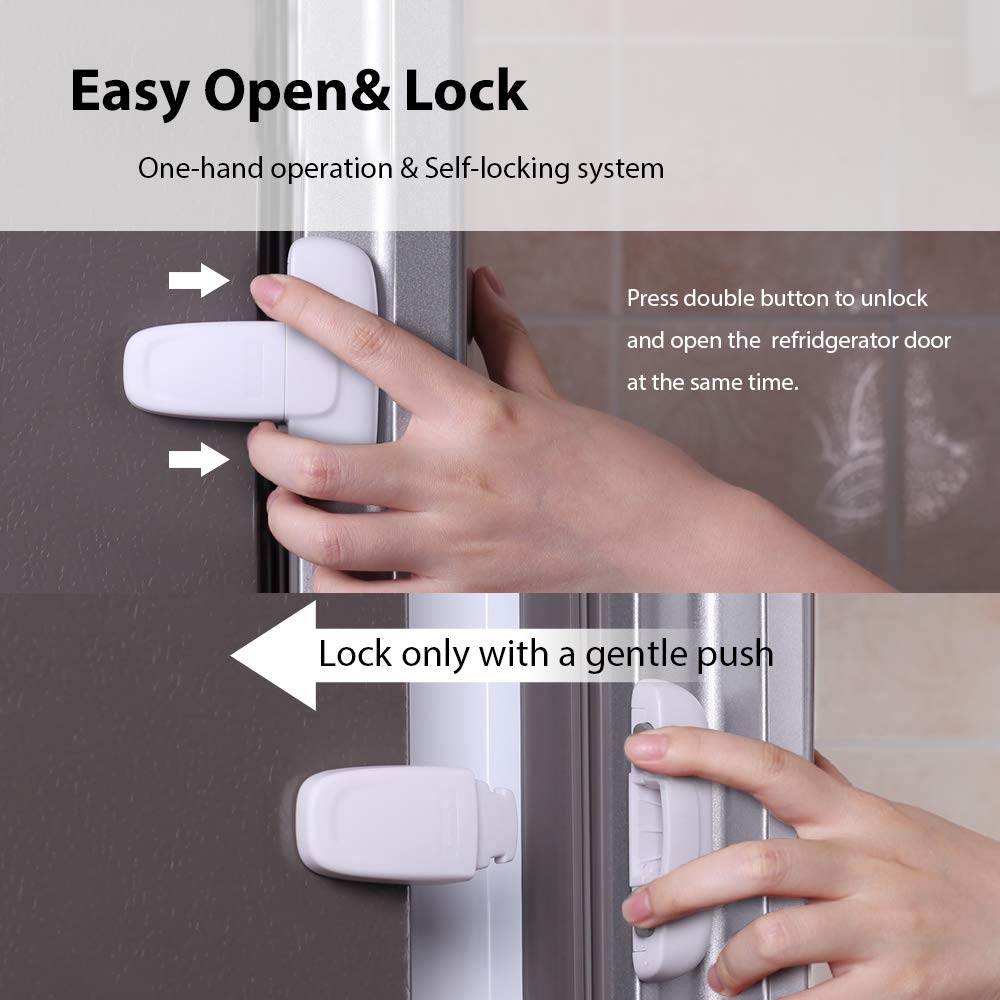 EUDEMON fridge-lock white body mounted on fridge highlights adhesive mounting