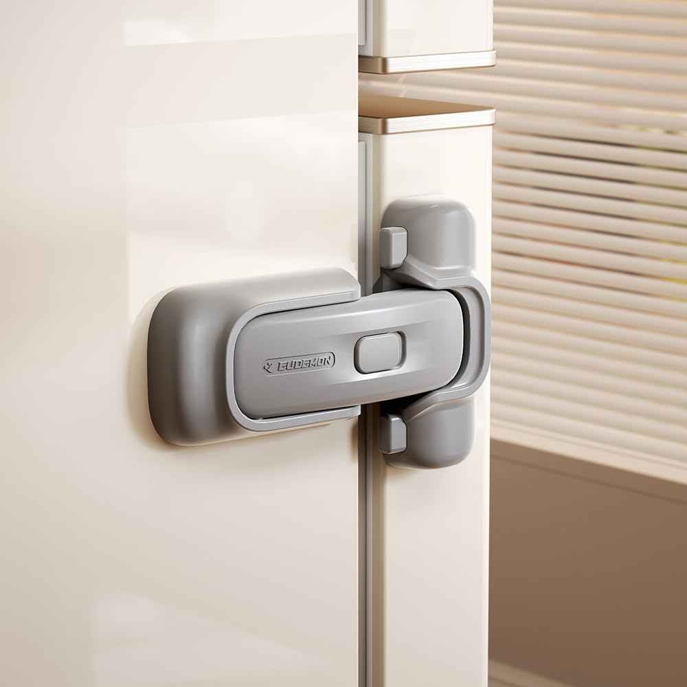 EUDEMON refrigerator lock grey front view shows automatic locking for child safety.