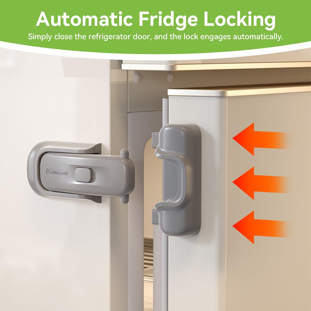 EUDEMON refrigerator lock grey in-use shot shows secure access for adults.