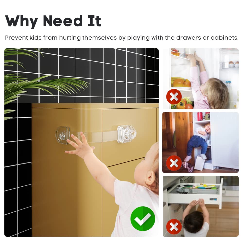EUDEMON transparent lock on fridge and drawer for unobtrusive childproofing.