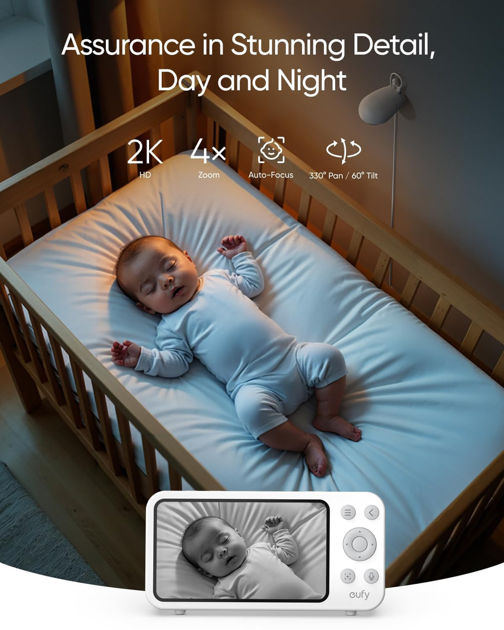 eufy Baby Monitor E20 pan-tilt-4x-zoom for wide coverage and close-ups when needed