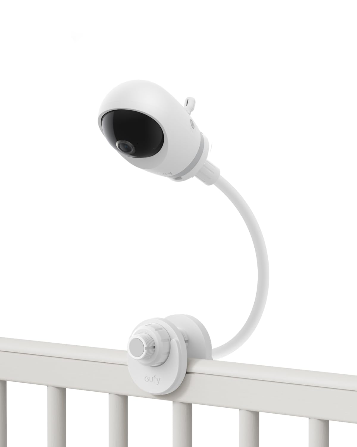 eufy Security baby monitor crib mount clamp closeup shows non-slip padding for secure attachment