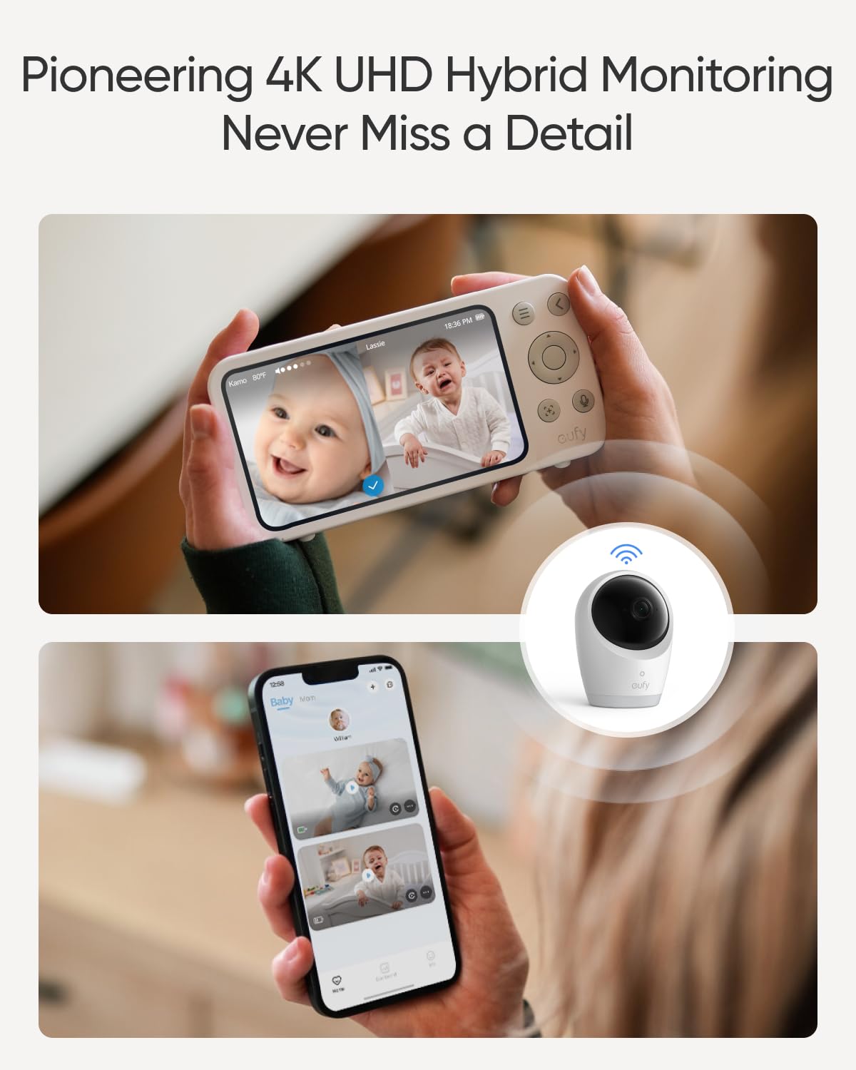 eufy Security Baby Monitor E21 330-degree pan captures wide angles for full room coverage.