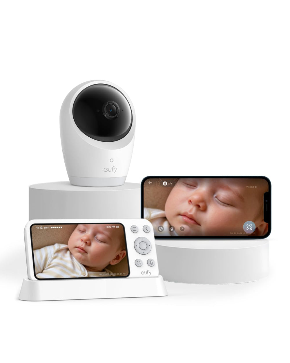 eufy Security E21 front view shows compact bedside setup for easy placement.