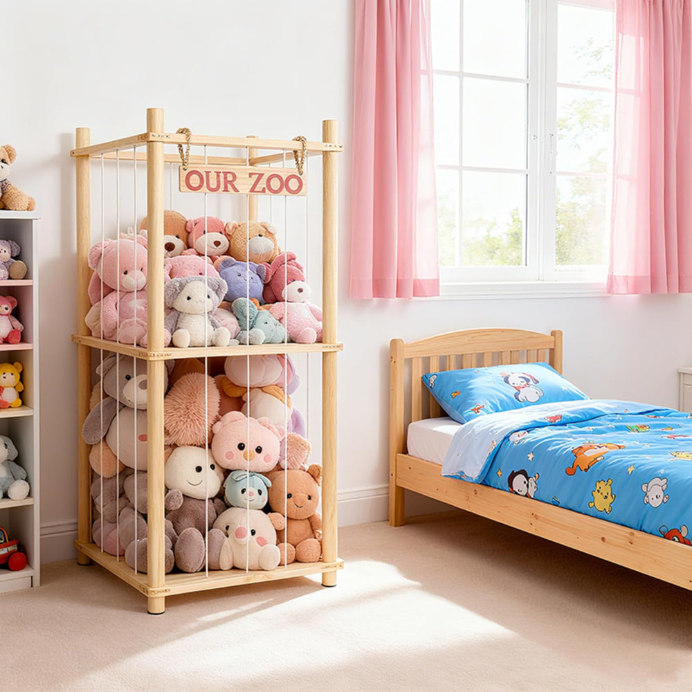EULXSUD stuffed-animal-storage neutral-wood-finish complements living spaces while hosting plush friends.