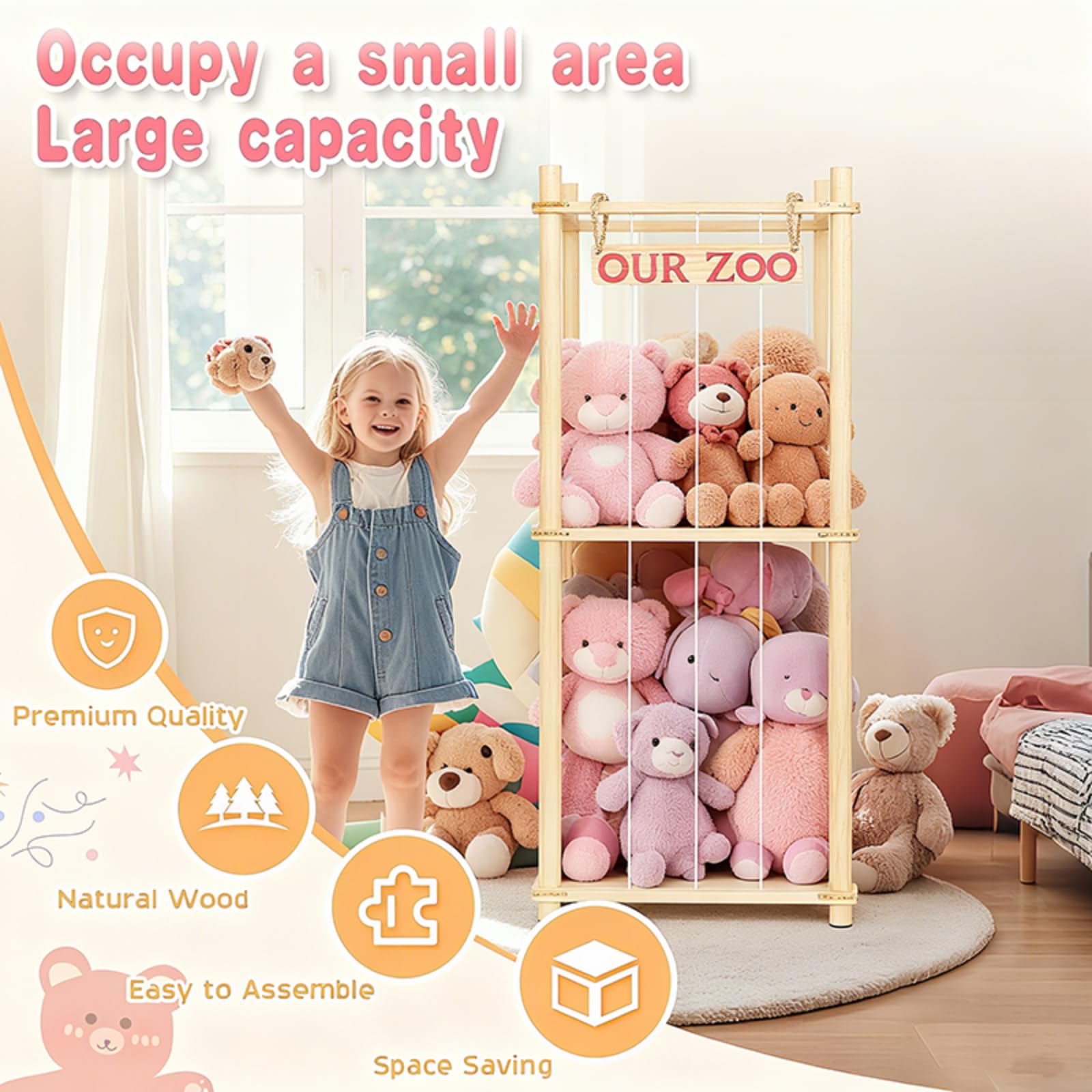 EULXSUD stuffed-animal-storage zoo-playhouse-nursery shows warm, natural wood fits nursery decor.