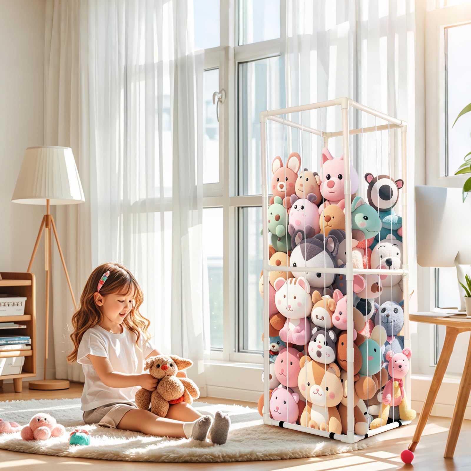 EULXSUD stuffed animal zoo storage 5-minute assembly with pre-threaded cords.