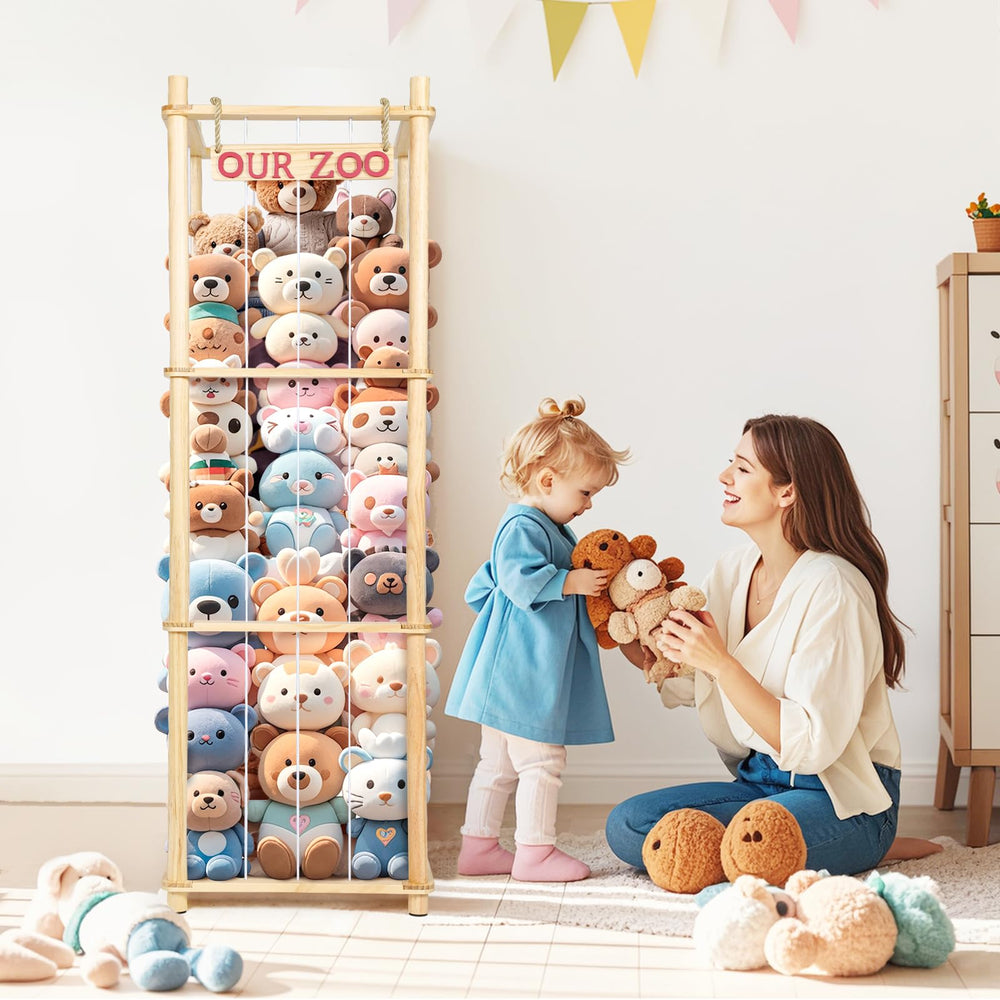 EULXSUD wooden toy organizer elastic cords enable quick plush display and rotation.