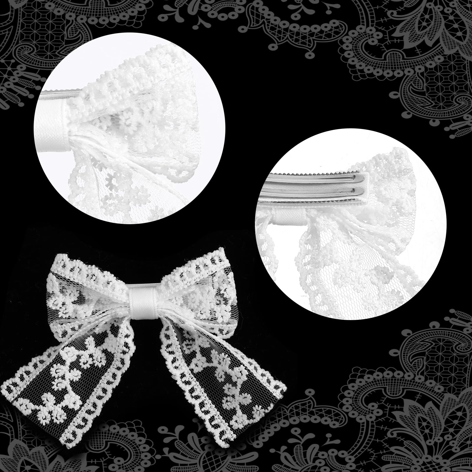 EupHHonycs white lace bow hairpin closeup, detailed handcrafted lace texture.
