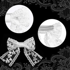 EupHHonycs white lace bow hairpin closeup, detailed handcrafted lace texture.