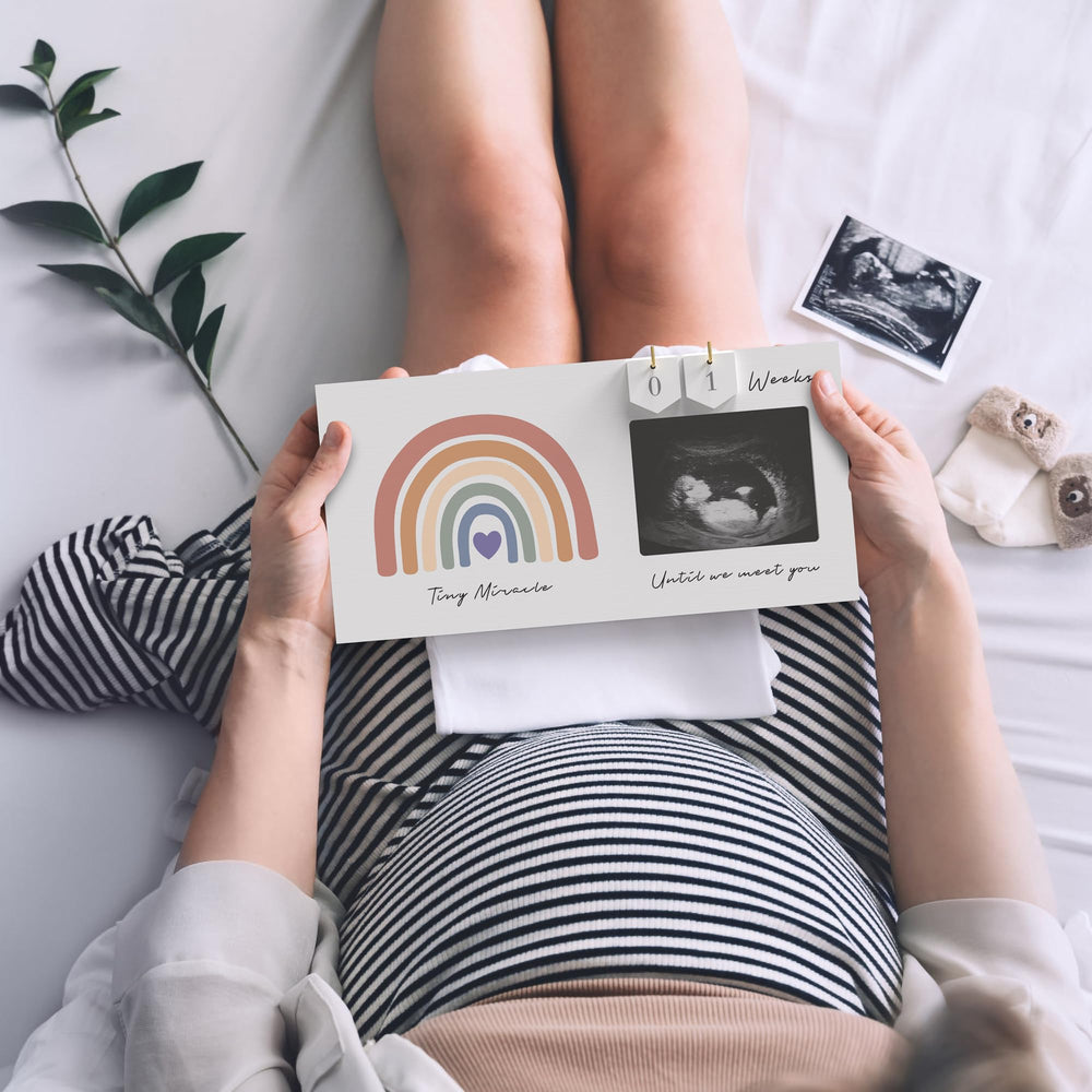 EURSET countdown weeks frame tracks pregnancy progress with a warm wall-ready display