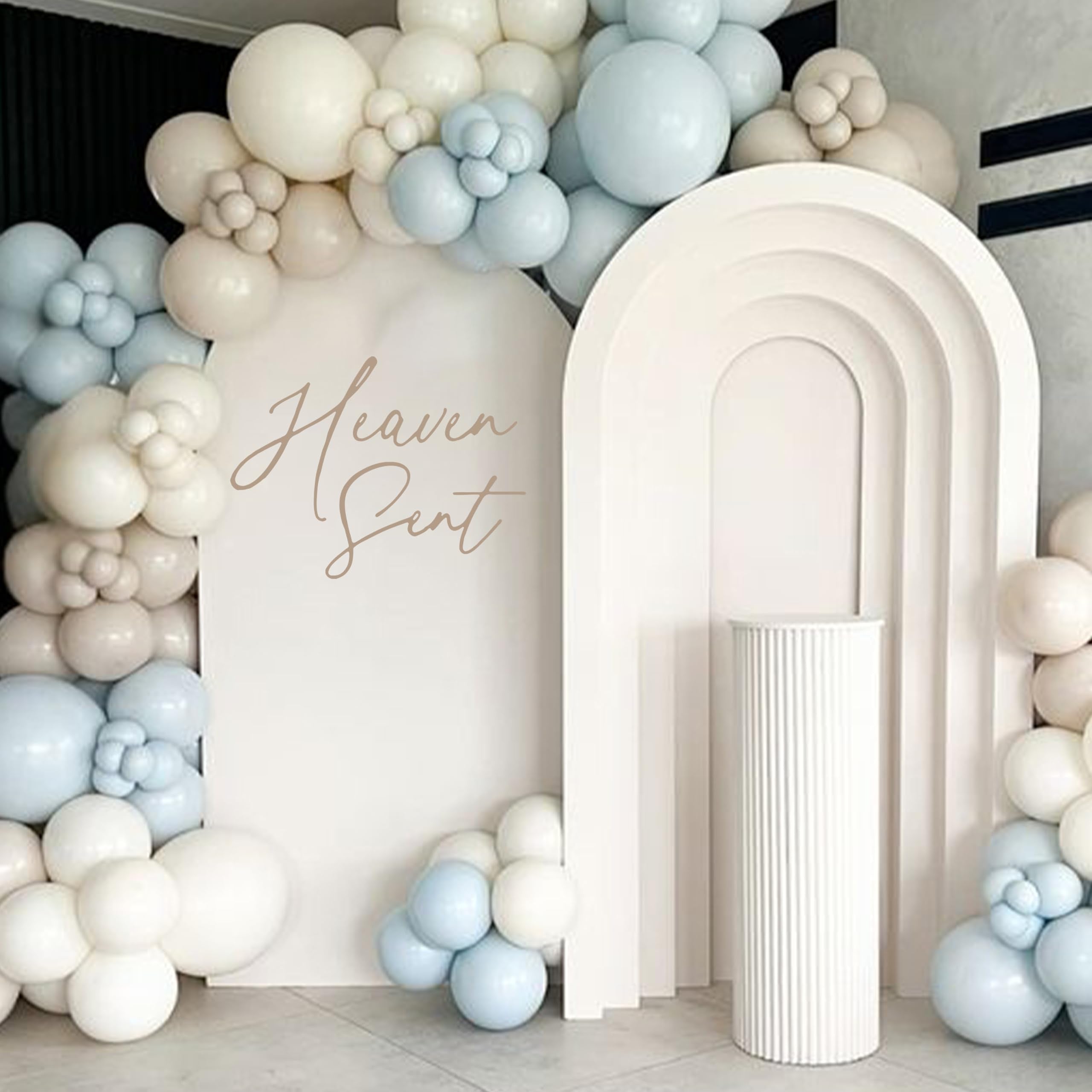 Eurteka Heaven Sent Decal on a balloon arch sign for a cohesive gender reveal setup.