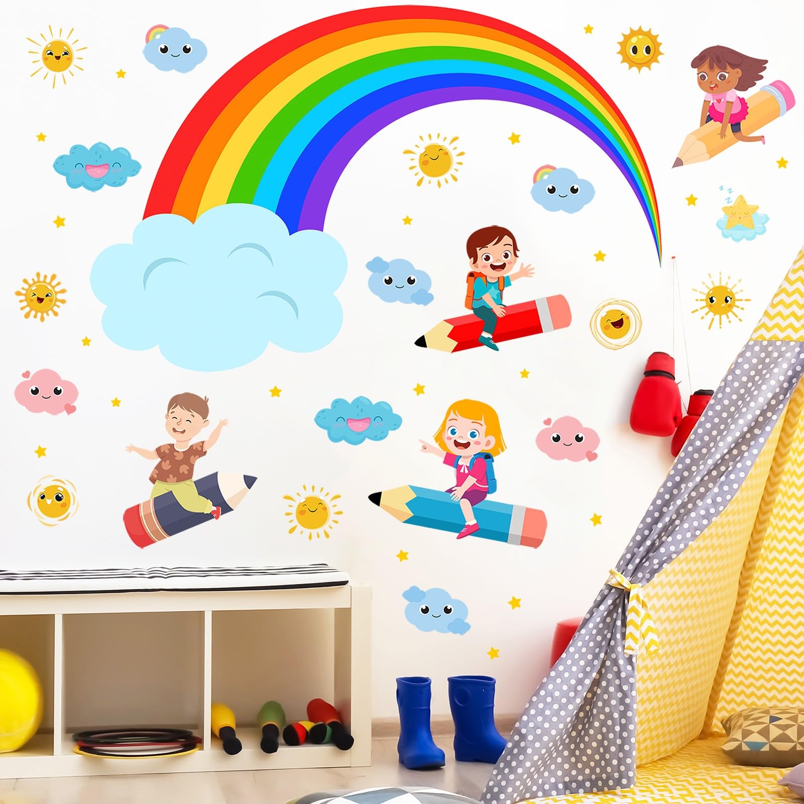 Eutecado rainbow wall decal for bright kids' rooms with cheerful artwork.