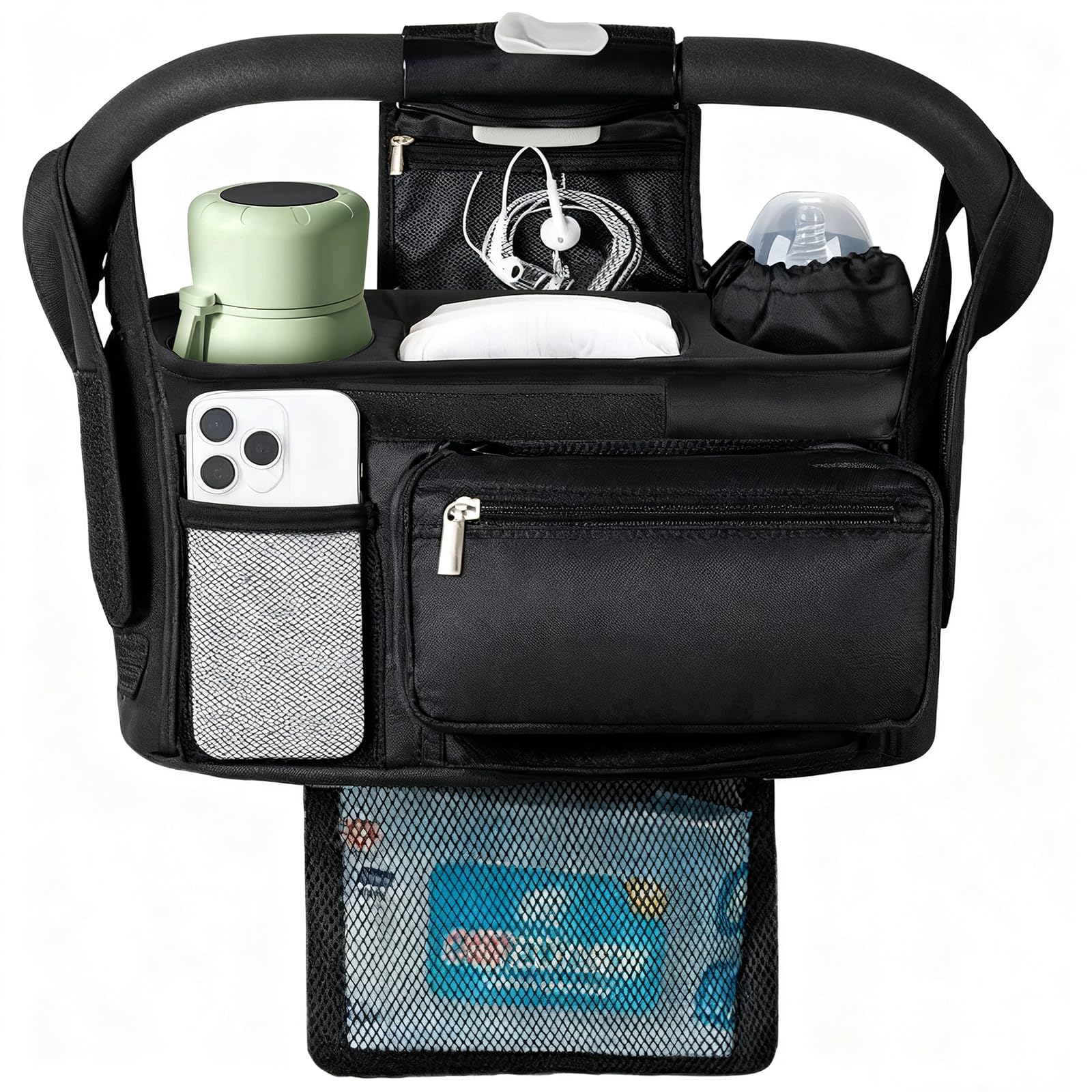 Eutopic universal stroller organizer with insulated cup holder keeps drinks within reach during strolls.