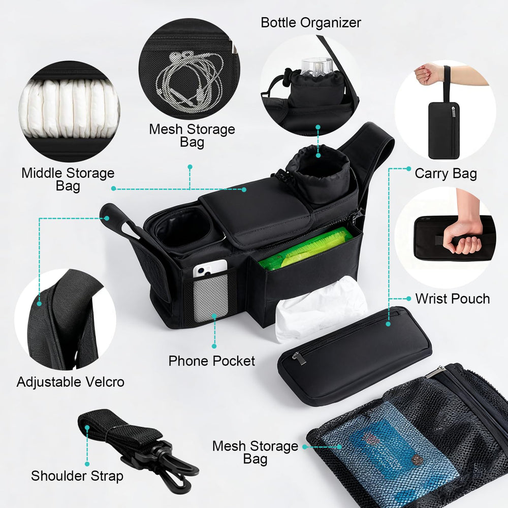 Eutopic universal organizer offers large capacity for bottles, snacks, toys on the go.