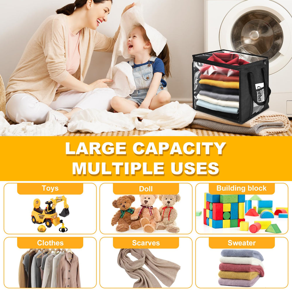 EVELOMO 12x12x12 clear cube storage bin demonstrates generous capacity for toys and clothes.