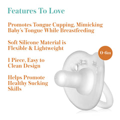 Evenflo Balance Plus Stage 1 pacifier cylindrical design supports breastfeeding latch and tongue movement